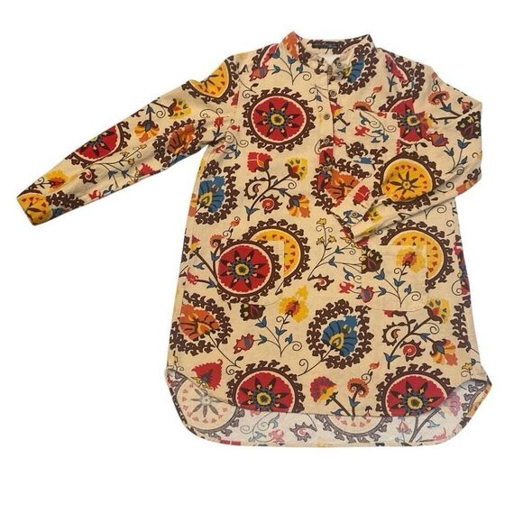 Emery Rose Tan Colorful Floral Boho Bohemian Long Sleeve Tunic Women Size Small - Picture 1 of 12